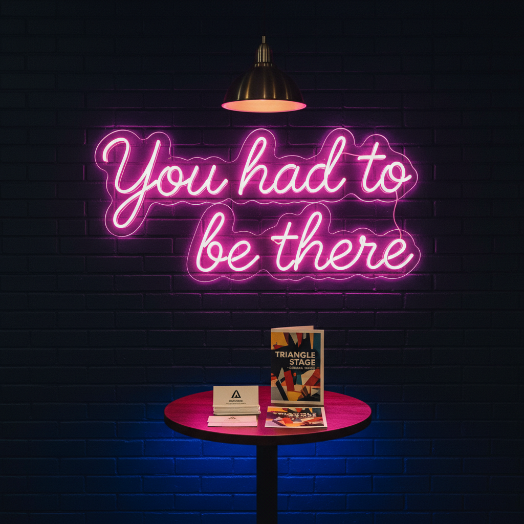 A handwritten “You had to be there” neon-style sign rendered in glowing, curved tubing of electric pink and soft violet, mounted against an exposed brick wall painted deep midnight blue. Below it, a small table holds a neat stack of minimalist membership info cards and a glossy, folded season brochure for a theater company. Subtle uplighting from hidden LED strips under the table adds a modern, playful glow, while a single overhead pendant casts a gentle pool of warm light on the printed materials. Captured straight-on with symmetrical framing and photographic realism, the background falls slightly out of focus. The atmosphere feels conspiratorial and lively, evoking a secret invitation to late-night arts experiences in the Triangle.