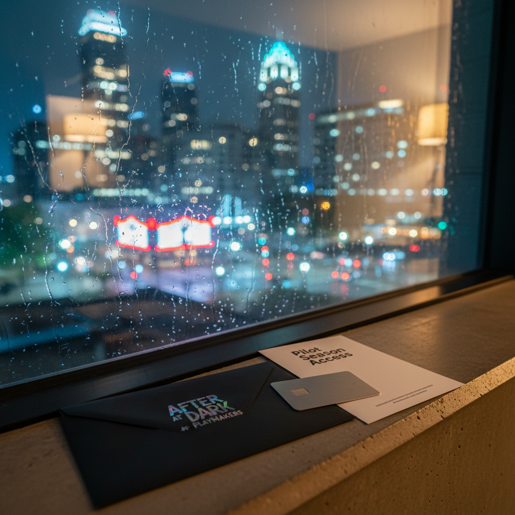 An illuminated downtown Triangle skyline at night reflected in a rain-kissed window, with a sharp foreground focus on a sleek, matte-black envelope stamped in holographic foil with the After Dark at PlayMakers logo. The envelope rests on a modern concrete windowsill beside a single keycard-sized pass and a minimalist flyer titled “Pilot Season Access.” Streetlights and theater marquees beyond create streaks of colorful bokeh—crimson, teal, and golden yellow—dancing across the glass. The scene is lit by a mix of cool city glow and a warm, hidden desk lamp, producing soft, intersecting reflections. Shot at a slight angle with rule-of-thirds framing and photographic realism, the mood is anticipatory, urban, and playful, evoking the feeling of about-to-head-out for an exclusive night of arts and connection.