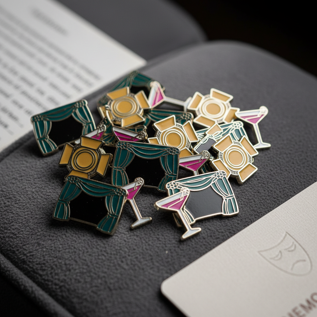 A tightly framed cluster of enamel membership pins shaped like tiny stage curtains, spotlights, and cocktail glasses, scattered across a soft charcoal fabric surface that resembles the plush armrest of a theater seat. Each pin features bold, saturated colors—teal, gold, and fuchsia—with subtle metallic edges catching the light. A blurred play script and a corner of a textured membership card peek in from the edges of the frame. Soft, directional studio lighting from the left creates gentle highlights and delicate shadows, emphasizing the glossy enamel and brushed metal. Photographed from a slightly elevated macro perspective with shallow depth of field, the image has a playful, collectible feel, suggesting insider status and tangible perks of the arts membership.