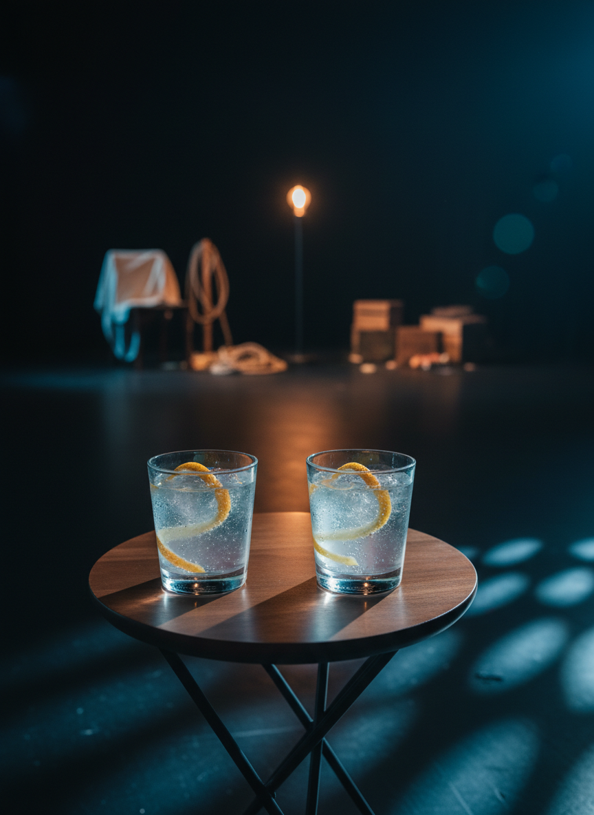 A pair of sleek, translucent rocks glasses filled with sparkling seltzer and twists of citrus peel, perched on a small cocktail table made of matte black metal and smooth walnut, positioned at the edge of an empty, dimly lit black box theater. Beyond the table, the faint outline of a stage with scattered props and a single glowing ghost light suggests an after-hours hangout. Cool blue and warm amber stage gels wash the scene in layered color, creating dramatic, angled highlights and long shadows. Shot from a slightly elevated angle with a cinematic, photographic realism style, the composition uses shallow depth of field so the glasses are crisp while the background blends into playful, atmospheric bokeh.