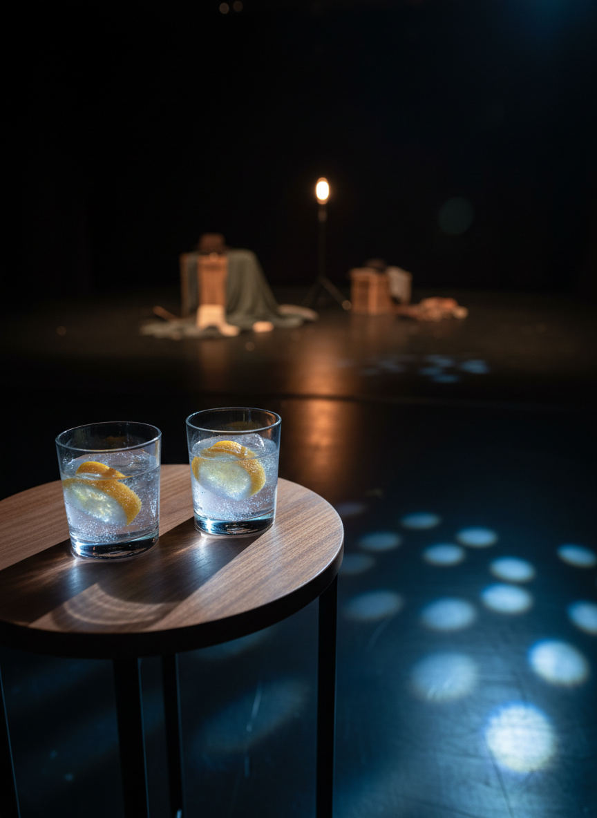 A pair of sleek, translucent rocks glasses filled with sparkling seltzer and twists of citrus peel, perched on a small cocktail table made of matte black metal and smooth walnut, positioned at the edge of an empty, dimly lit black box theater. Beyond the table, the faint outline of a stage with scattered props and a single glowing ghost light suggests an after-hours hangout. Cool blue and warm amber stage gels wash the scene in layered color, creating dramatic, angled highlights and long shadows. Shot from a slightly elevated angle with a cinematic, photographic realism style, the composition uses shallow depth of field so the glasses are crisp while the background blends into playful, atmospheric bokeh.