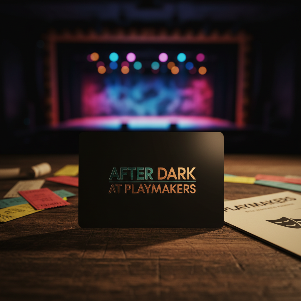 A glossy black membership card embossed with the words “After Dark at PlayMakers” in metallic teal and copper foil, resting on a weathered dark-wood bar top scattered with colorful ticket stubs and a single playbill corner. Behind it, soft-focus stage lights in jewel tones glow from a distant theater, creating abstract bokeh circles in magenta, sapphire, and amber. Warm, low-key artificial lighting grazes the card, catching the foil and casting a subtle, moody shadow. Photographed at eye level with a shallow depth of field, the card sits off-center following the rule of thirds. The mood is playful and exclusive, with photographic realism and rich, saturated colors evoking a secret, late-night arts club for young professionals.